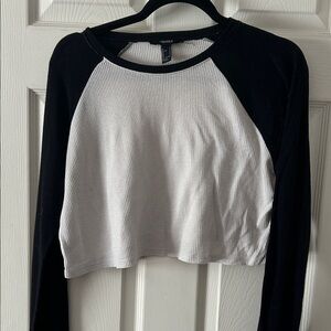 Forever 21 Black and White Cropped Raglan Waffle Long Sleeve Top